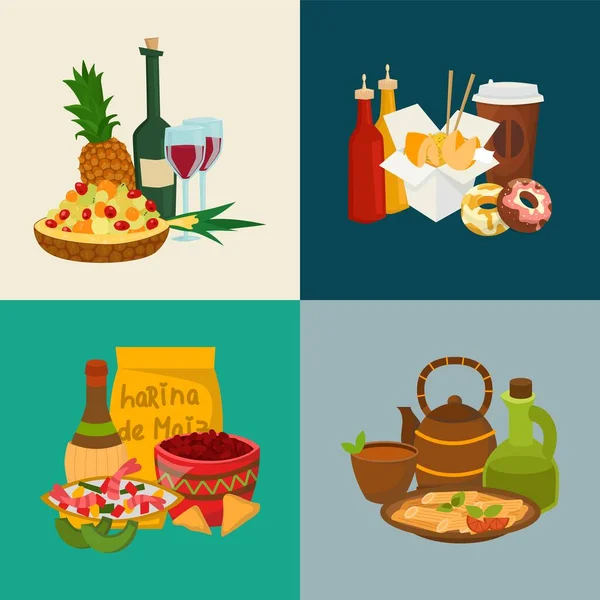 Food and drinks collection of compositions set vector illustration. Fruit salad, pasta, wok, donuts and beverage wine, tea, coffee. Lunch or dinner menu. — Stock Vector