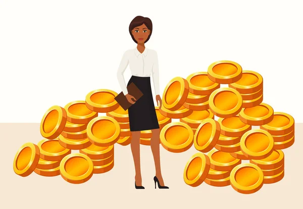 Jovem bela mulher de negócios ou trabalhador de escritório em pé entre moedas de ouro vetor ilustração isolado estilo plano. Ganho de dinheiro, lucro, renda, investimento . —  Vetores de Stock