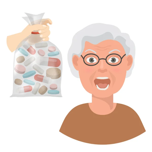 Pillen voor oudere patiënt vector illustratie. Hand van arts of apotheker houdt tas met tabletten voor grootmoeder. Ouderen Gepensioneerden medische gezondheidszorg concept. — Stockvector