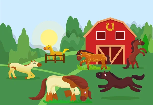 Caballo cría animal cría vector ilustración estilo plano. Diferentes caballos de dibujos animados caminando al aire libre y comiendo hierba en prados de pastos de granja cerca de establos . — Vector de stock