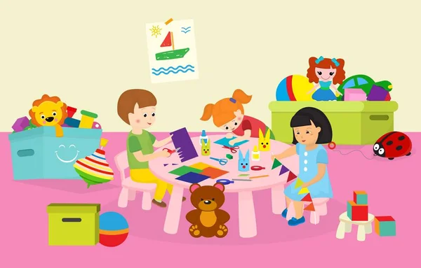 Children boy and girls crafting in kindergaten or art class vector illustration. Happy and creative kids crafting flags, decorations at table from color paper.