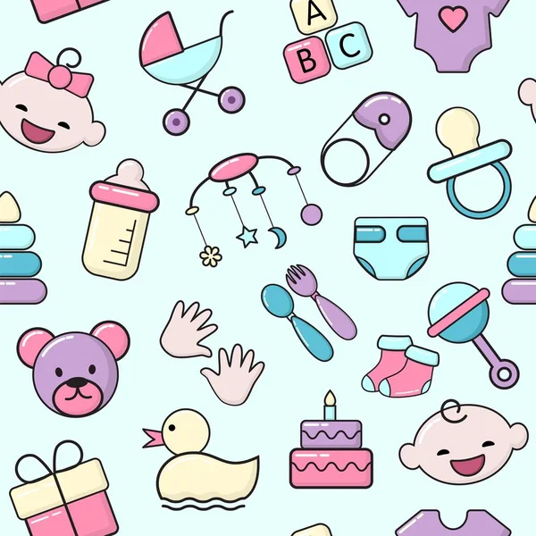 Barn baby barn nyfödda mönster vektor illustration. Blöjor, bröstvårta, barnvagn, utfodring flaska och leksaker, kläder söt färg ikoner i platt stil. — Stock vektor