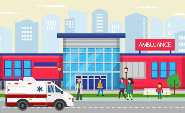 Ambulance eerste hulp medisch station moderne gebouw vector illustratie. Ambulance auto, dokter en andere mensen. Levensreddende en medische behandeling. — Stockvector