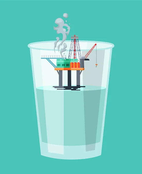 Minería de petróleo y gas concepto de producción vector plano ilustración. Plataforma de construcción de plataformas petrolíferas en alta mar plataforma de derrick dentro de una taza de plástico transparente con agua . — Vector de stock