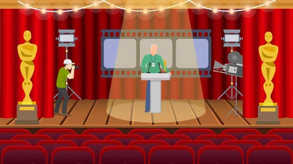 Ceremonia de cine película gratificante repetición preparación sala vector ilustración. Un hombre con placa de pie en el escenario en el centro de atención, segundo toma una foto en la cámara . — Vector de stock
