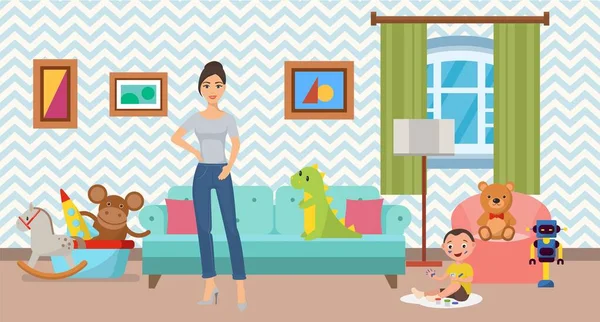 Mujer y pequeño hijo en casa en la ilustración plana vector interior. Moderno decorado limpio cómodo acogedor salón o habitación para niños con sofá, sillón y juguetes . — Archivo Imágenes Vectoriales