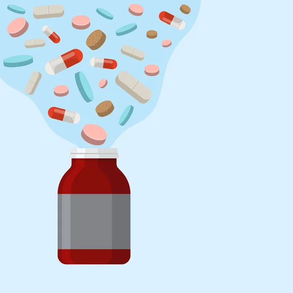 Otevřené pilulky láhev s mnoha různými barevnými pilulky tablety vylévání nad ní vektorové ilustrace. Drogy tečou z trubice. Medicína a farmaceutický průmysl. — Stockový vektor