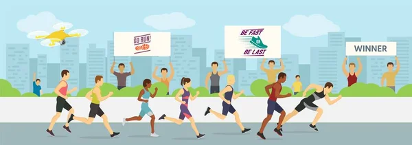 Laufen Jogging-Marathons Wettbewerbe Rennen Vektor Illustration. Sportlergruppe Männer und Frauen in Bewegung. Running Man auf dem ersten Platz. Hintergrund der Stadt. — Stockvektor