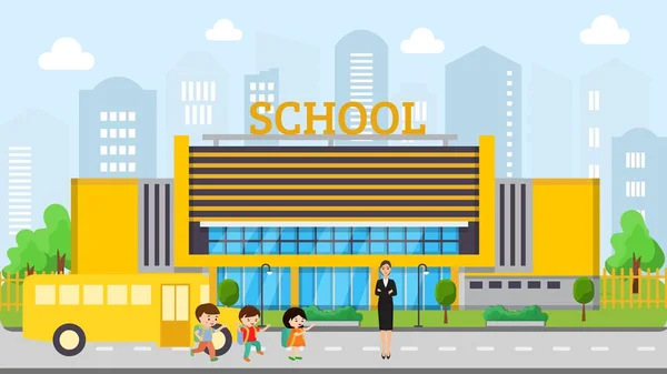 Σχολή κτίριο πρόσοψης διανυσματική απεικόνιση. Κίτρινο σχολικό λεωφορείο έφερε τα παιδιά κορίτσι και τα αγόρια στη μάθηση. Όμορφη νεαρή δασκάλα γνωρίζει τα παιδιά του σχολείου. — Διανυσματικό Αρχείο