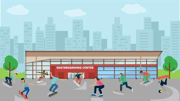 Skateboarders verschillende actieve mensen buitenshuis vector illustratie. Skateboarden extreme sport stad stedelijk centrum achtergrond man vrouw jongen meisje springen trucs. — Stockvector