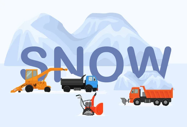 Différentes machines en hiver enlever l'illustration vectorielle de neige. Grandes et petites souffleuses à neige sur chenilles, camion, benne basculante. Blanc énorme neige dérive fond . — Image vectorielle