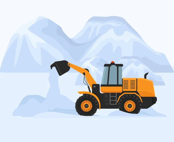 Snow removal in cold winter vector illustration. Snowblower petrol machine yellow tractor works to clean road. White huge mountain snowdrifts in background. — ストックベクタ