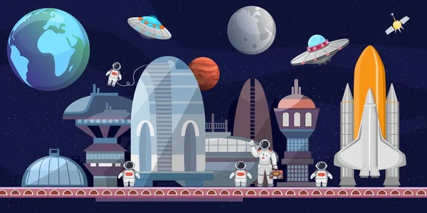 Spaceport of future cartoon vector illustration (en inglés). Naves espaciales, plataforma de lanzamiento, astronautas, satélites, planetas. Exploración espacial, concepto de vuelos espaciales comerciales . — Vector de stock