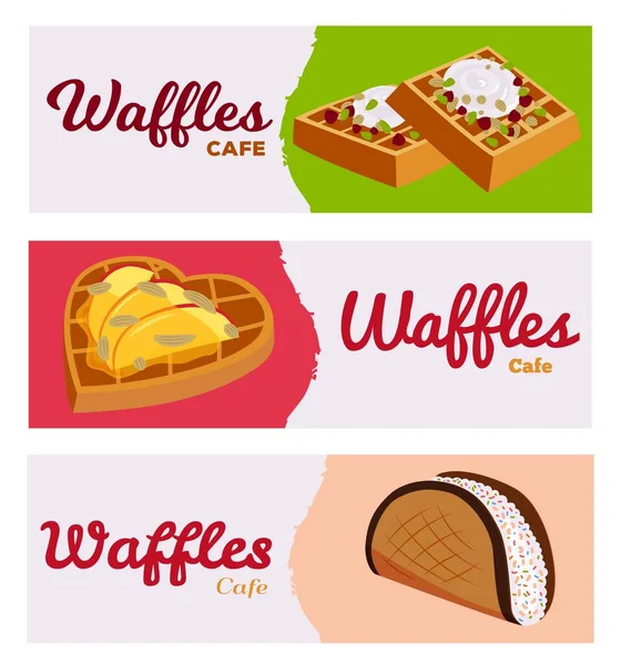 Conjunto de banners waffles café padaria vetor ilustração pano de fundo. Diferentes bolachas de enchimento saborosas doces assadas com frutas, bagas e creme . — Vetor de Stock