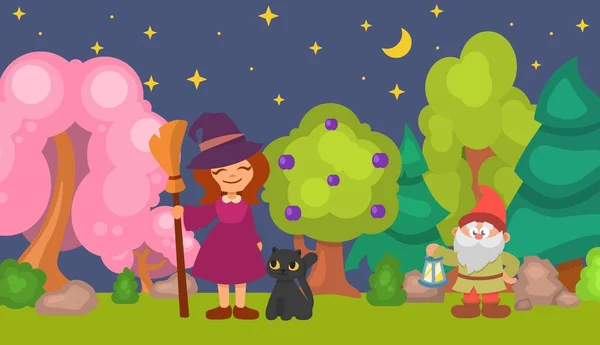 Απόκριες διανυσματική απεικόνιση. Χαριτωμένο αστείο λίγο μάγισσα κρατώντας σκούπα στο μαγικό δάσος τη νύχτα. Μαύρη γάτα, παραμυθένιος χαρακτήρας. Απόκριες γιορτή. — Διανυσματικό Αρχείο