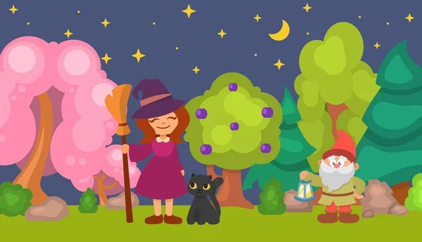 Ilustración vectorial Halloween. Linda brujita divertida sosteniendo escoba en el bosque mágico por la noche. Gato negro, personaje de cuento de hadas gnome. Halloween celebración . — Archivo Imágenes Vectoriales