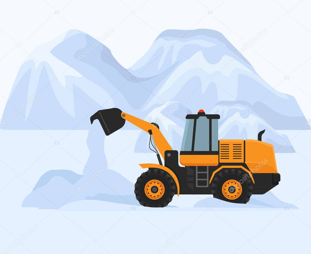 Snow removal in cold winter vector illustration. Snowblower petrol machine yellow tractor works to clean road. White huge mountain snowdrifts in background.
