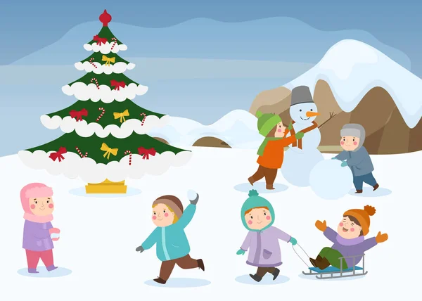 圣诞期间孩子们在户外玩冬季游戏，新年假期图解. — 图库矢量图片