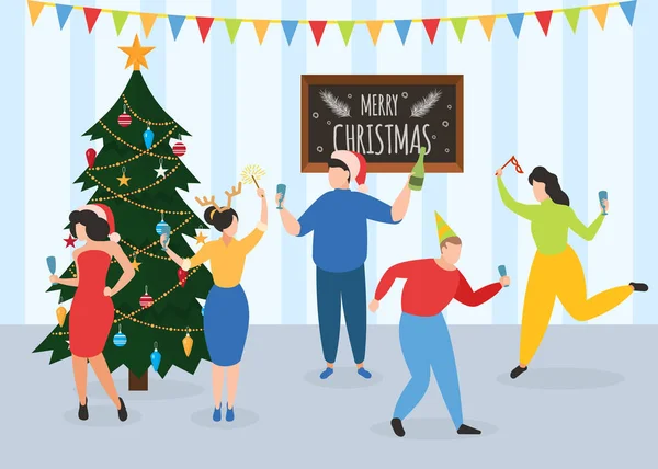 Szilveszter, karácsonyi party, táncos emberek kollégák vagy barátok vektor illusztráció. — Stock Vector
