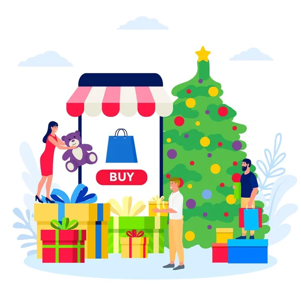 Vánoční nákupy on-line, Nový rok dárky, lidé koupit dárky vektorové ilustrace. — Stockový vektor
