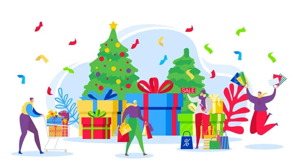 Kerstinkopen te koop geschenken, gelukkige mensen en winter winkelen met kortingen vector illustratie. — Stockvector