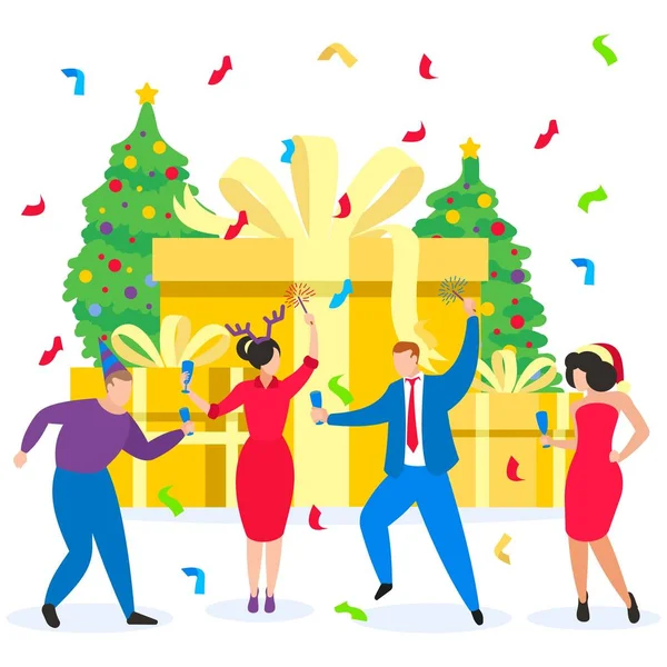 Año Nuevo, fiesta de Navidad con gente bailando, árbol de Navidad, regalos vector ilustración . — Vector de stock