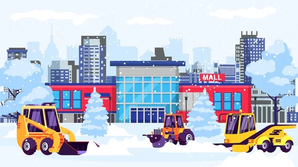 Máquinas de sopradores de neve rua limpa da neve no shopping center construção vetor ilustração . —  Vetores de Stock