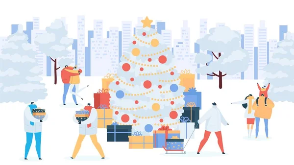 Christmas tree and people with gifts in winter holidays vector illustration. — Stock Vector