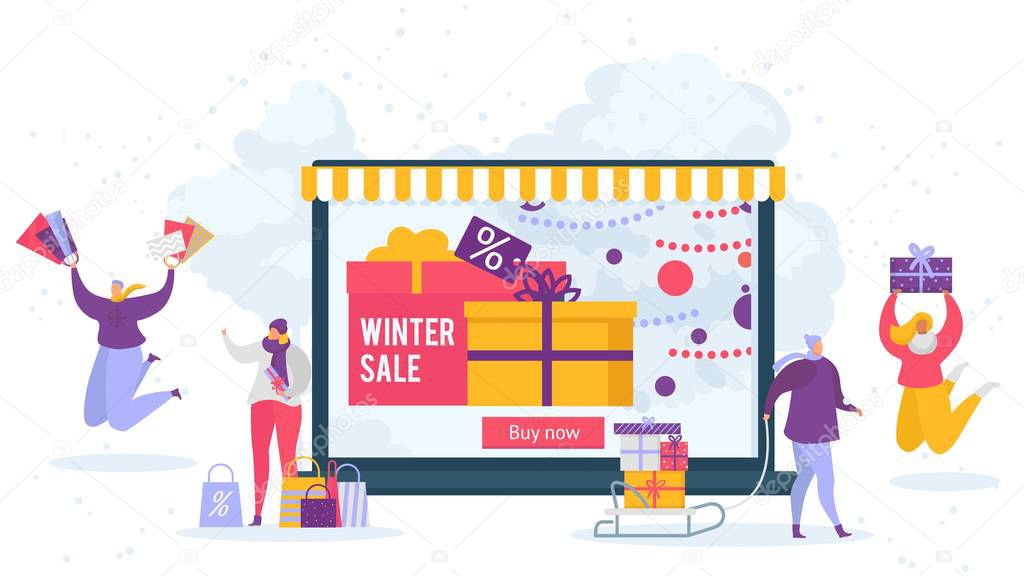 Winter sale and people shopping online with discounts vector illustration.