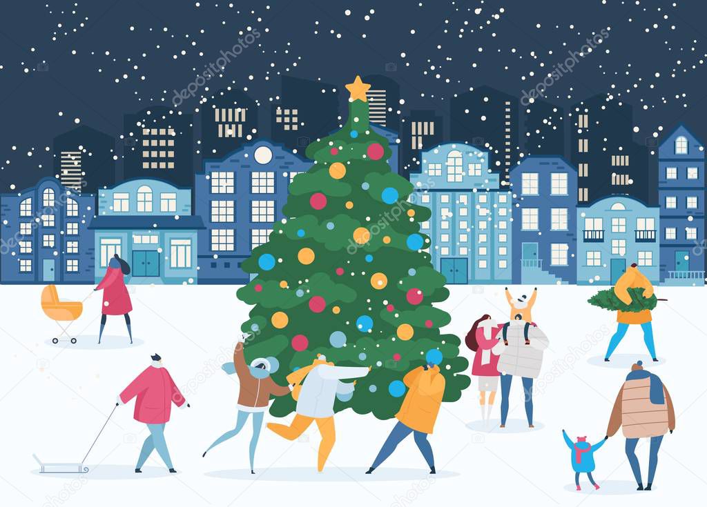 Winter night and people around Xmas tree in Christmas, New Year eve vector illustration.