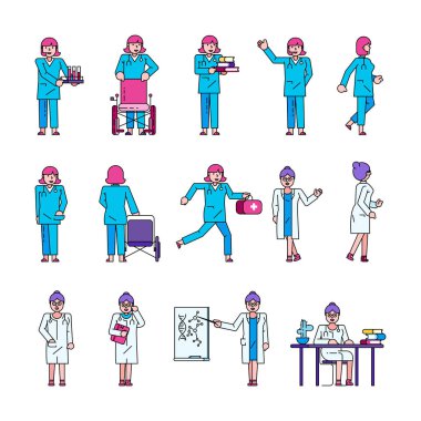 Doktor sağlık çalışanı kadın vektör illüstrasyon koleksiyonu izole.
