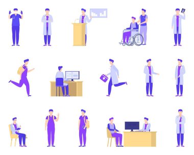 Tıp kliniğinde çalışan doktor, hastane vektör illüstrasyonunda izole edilmiş koleksiyon.