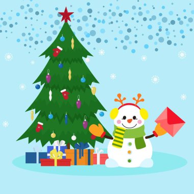 Yılbaşı Xmas Yeni Yıl Kart Çizimi. Kardan adam mektup tutar, süslenmiş noel ağacı, hediye kutuları bayram kutlaması tasarımı web baskısı.
