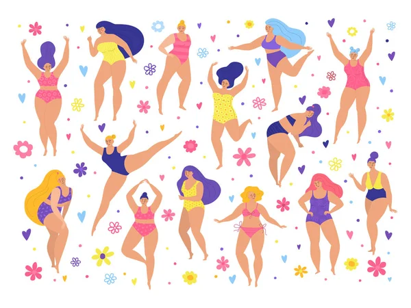 Tělo pozitivní šťastný tuk dívky, ženy v plavkách set vektorové ilustrace izolované. — Stockový vektor