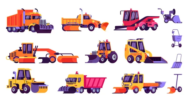 Snow machines, snow removal cleaning cars and equipment vector illustration isolated set. — 스톡 벡터