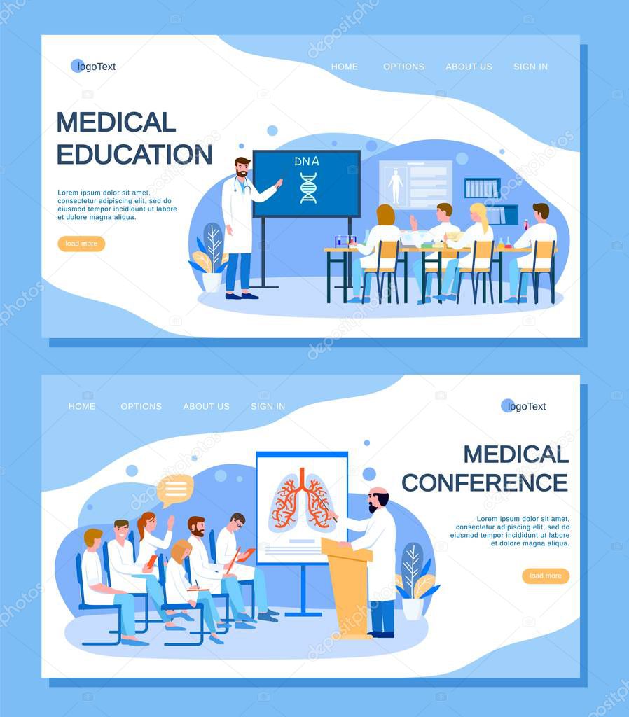 Medical education, conference with doctors people, vector illustration landing web page.