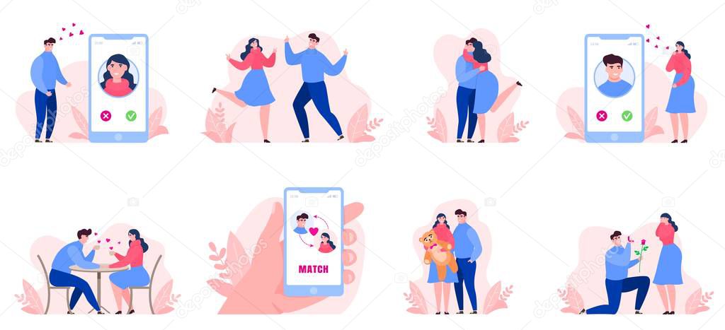 Online dating, people man, woman date on internet, collection set vector illustration.