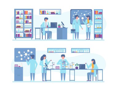 Bilim insanları araştırma, bilimsel laboratuvarda deneyler, vektör illüstrasyonu üzerinde çalışıyorlar..