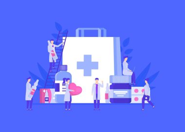 Doktorlar ya da eczacılar kavanozlarda, ampullerde, hap vektör illüstrasyonlarında ilaçlar arasında yer alıyorlar..