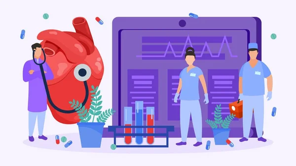 Cirurgia cardíaca, cardiologistas pessoas verificar coração para a ilustração vetor operação médica . —  Vetores de Stock