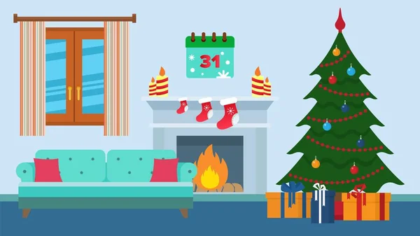 Room interior festively decorated for Christmas Xmas New Year holiday celebration vector illustration. Living room with fireplace, christmas tree, sofa. — 스톡 벡터