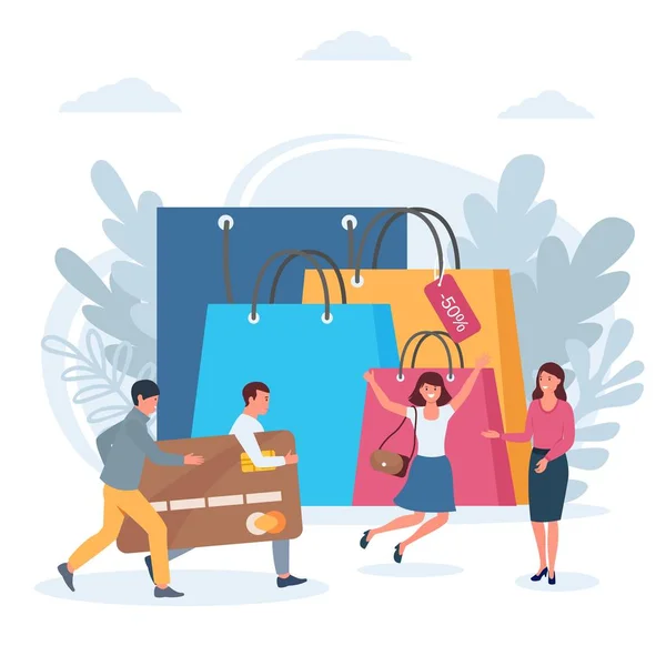 Shopping, sale, happy people with bank card near huge bags vector isolated illustration. — 스톡 벡터