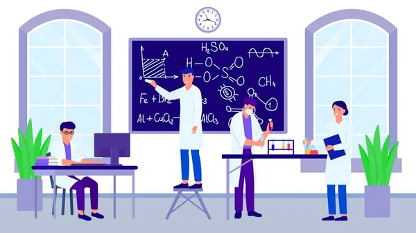 Bilim kimya laboratuvarı ve öğretmen vektör illüstrasyonlu bir grup bilim adamı veya öğrenci. — Stok Vektör