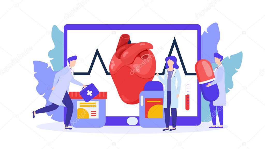 Heart treatment by doctors team, drug therapy vector illustration isolated.