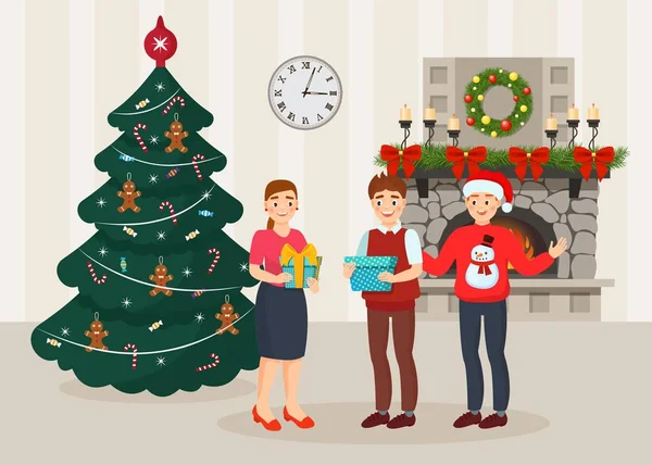 Celebração de Natal e Ano Novo com presentes em feliz ilustração vetorial familiar . —  Vetores de Stock