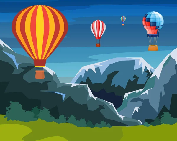 Ballonger flyger i luften över marken, berg, kullar i gryningen, vektor illustration. — Stock vektor