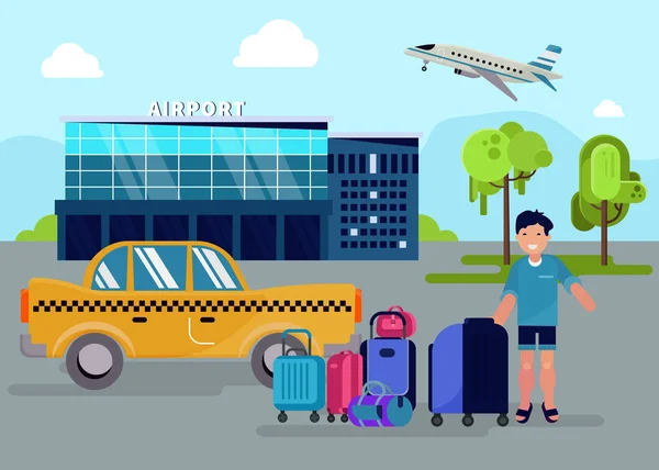 Chłopiec z bagażu stoi obok taksówki w pobliżu lotniska budynku wektor ilustracji. — Wektor stockowy