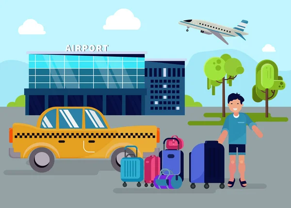 Niño con puestos de equipaje al lado de coche de taxi cerca de la ilustración vector edificio del aeropuerto . — Archivo Imágenes Vectoriales