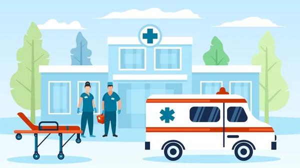 Voiture d'ambulance, médecins, roue d'hôpital mauvaise et illustration vectorielle de bâtiment . — Image vectorielle