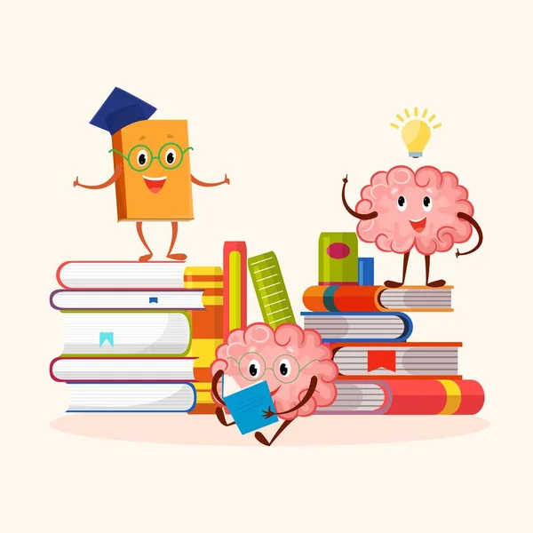 Livros e cérebro humano personagens engraçados educação e estudar a ilustração vetor conceito . — Vetor de Stock